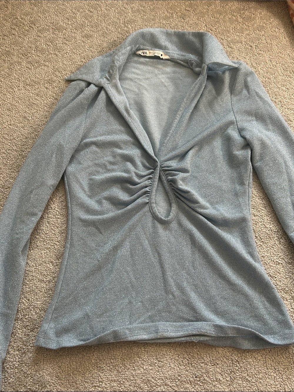 Zara Light Blue Shimmery Long-Sleeve Ruched Front Sweater